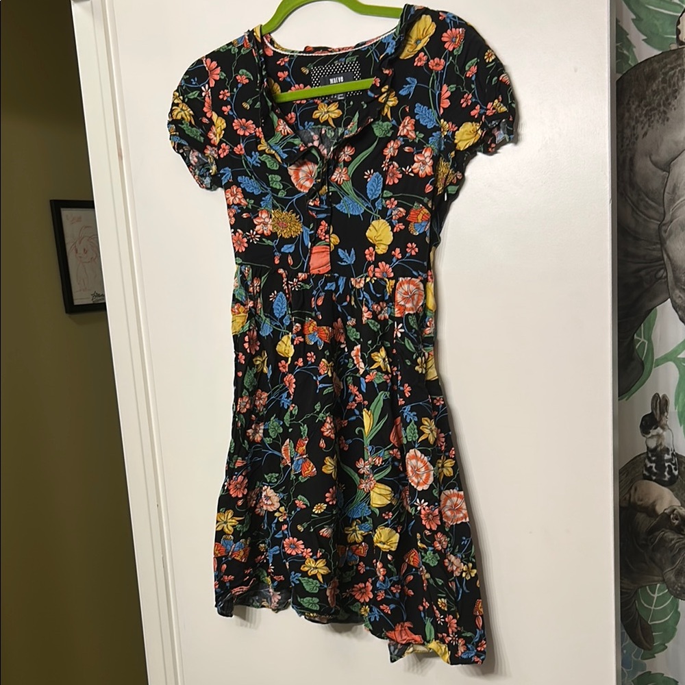 Maeve Floral Mini Dress - Black, Blue, Yellow, Pink with Butteflies - Size 0 XS